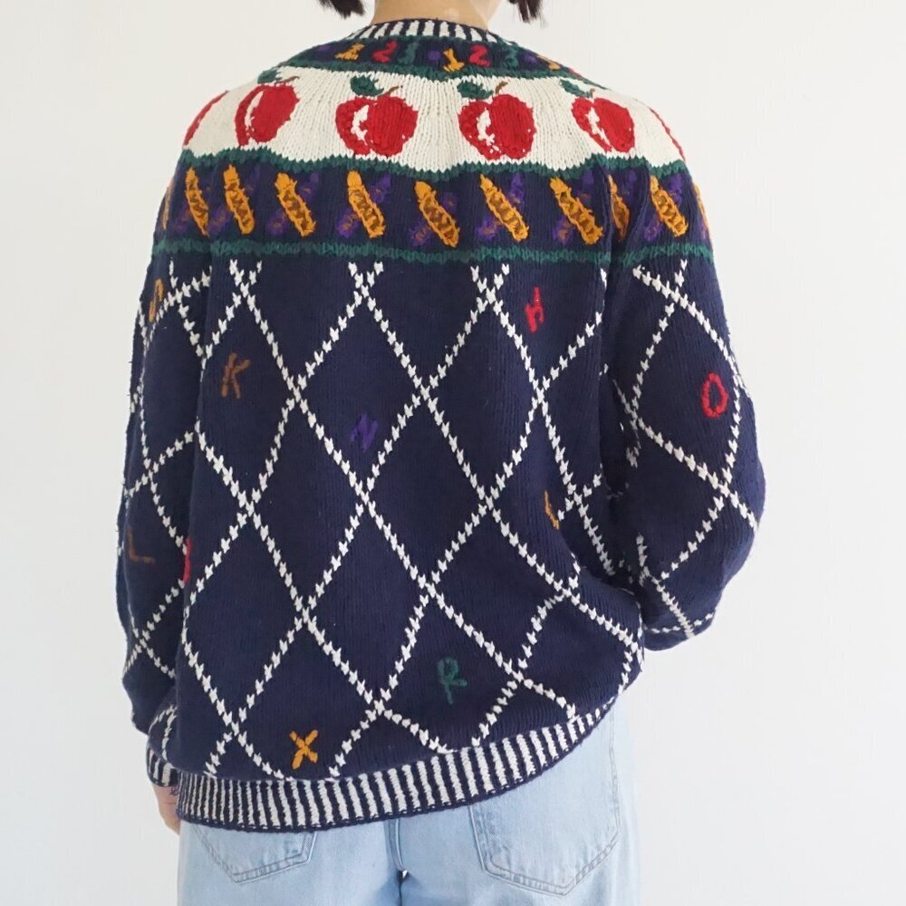 Vintage Cape Isle Knitters Navy Apple Numbers Cotton Hand Knit Blue Cardigan M - Picture 2 of 10
